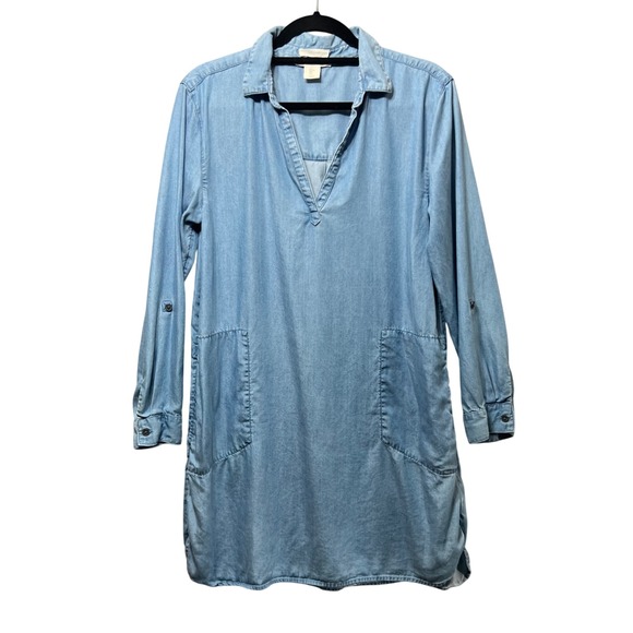 C&C California Blue Chambray Dress Tunic Long Sleeve Pockets Roll‎ Tab Lyocell - Picture 1 of 8